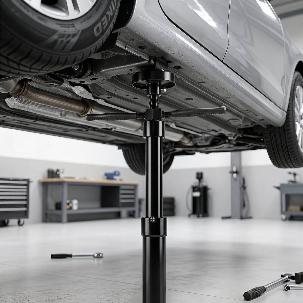 Underhoist support stand in black, adjustable from 38.5" to 75.5", designed for stable vehicle component support.