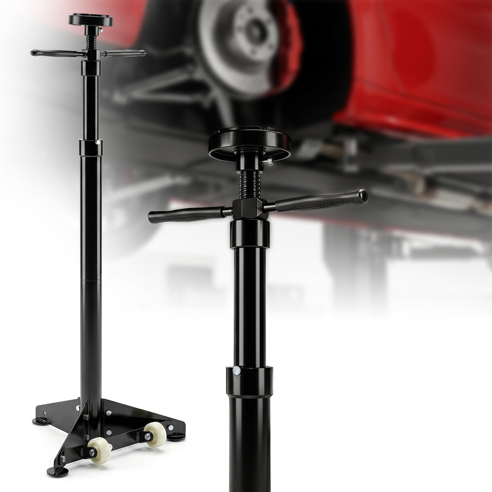 Underhoist support stand in black with adjustable height, 0.75 ton capacity, and stable triangular base for vehicle components.