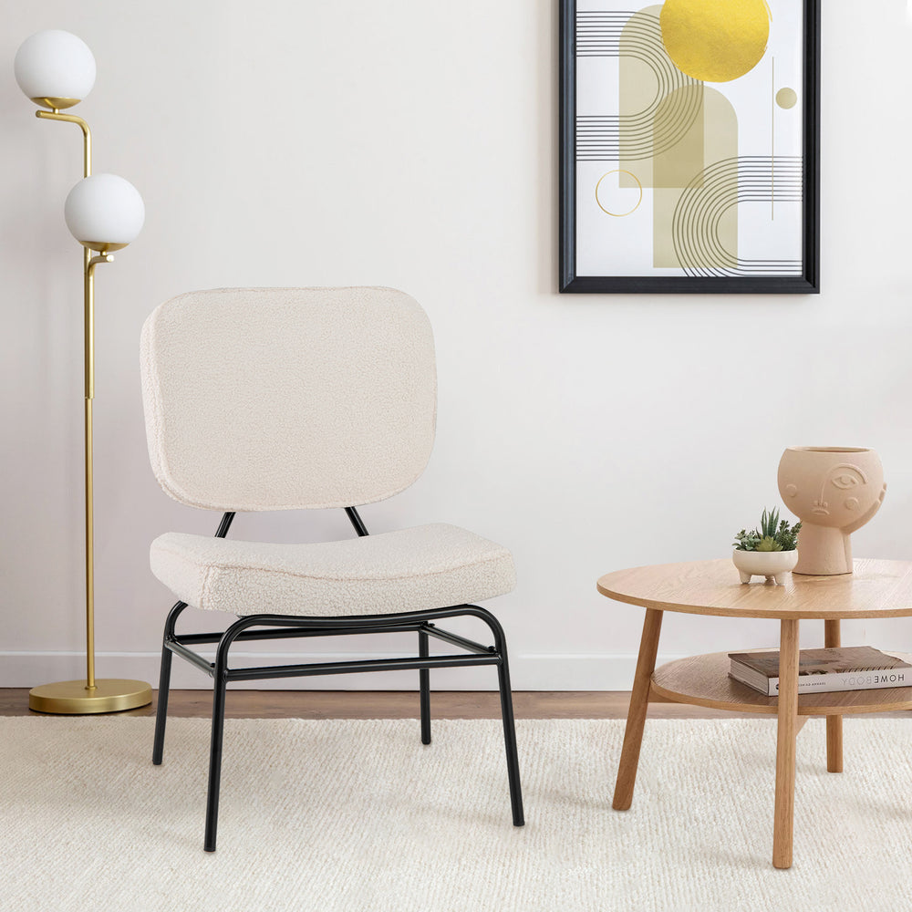Beige upholstered accent chair with Sherpa fabric and sponge padding, featuring a modern design for cozy reading.