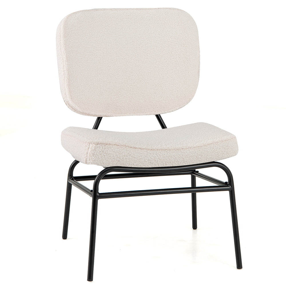 Beige upholstered accent chair with Sherpa fabric and sponge padding, featuring a metal frame for ergonomic support.
