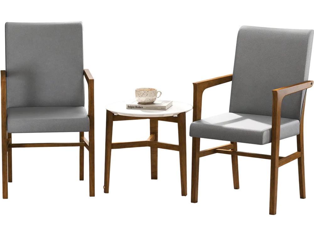 Set of 2 gray upholstered accent chairs with high backs and solid rubber wood frames, perfect for living rooms or.