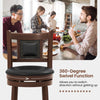 Upholstered bar stool with curved backrest and footrest, featuring 360-degree swivel for kitchen island or home bar use.