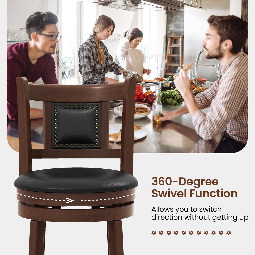 Upholstered bar stool with curved backrest and footrest, featuring 360-degree swivel for kitchen island or home bar use.