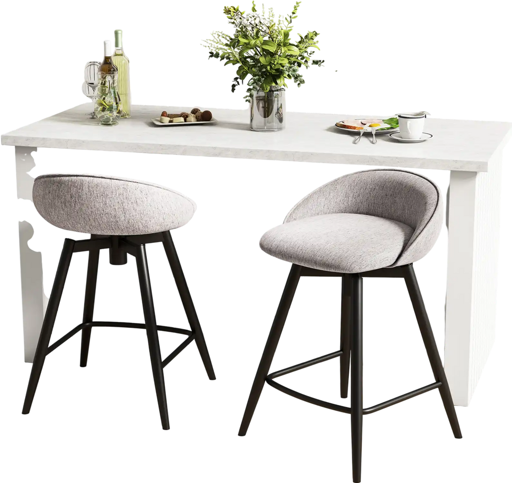 Upholstered gray bar stools set of 2 with backrest and footrest, ideal for kitchen islands and cafes.
