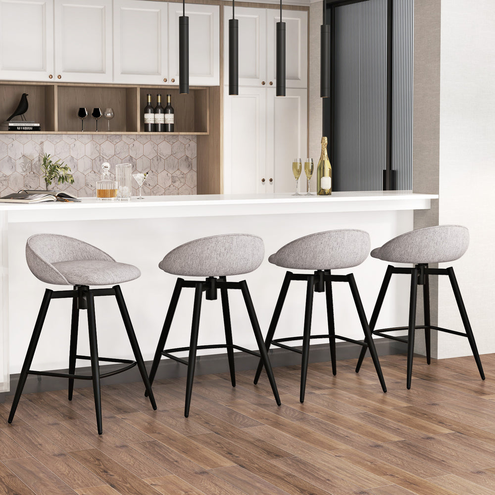 Gray upholstered bar stools set of 2 with backrest and footrest, ideal for kitchen islands and cafes.