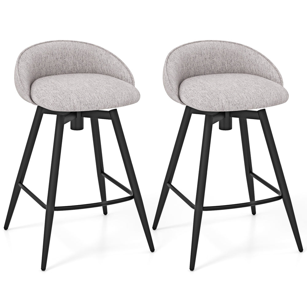 Set of 2 gray upholstered bar stools with backrest and footrest, ideal for kitchen islands and cafes.