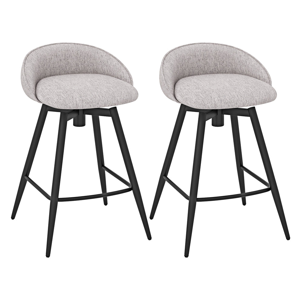 Single gray upholstered bar stool with footrest and backrest, featuring a smooth swivel seat and sturdy black metal.