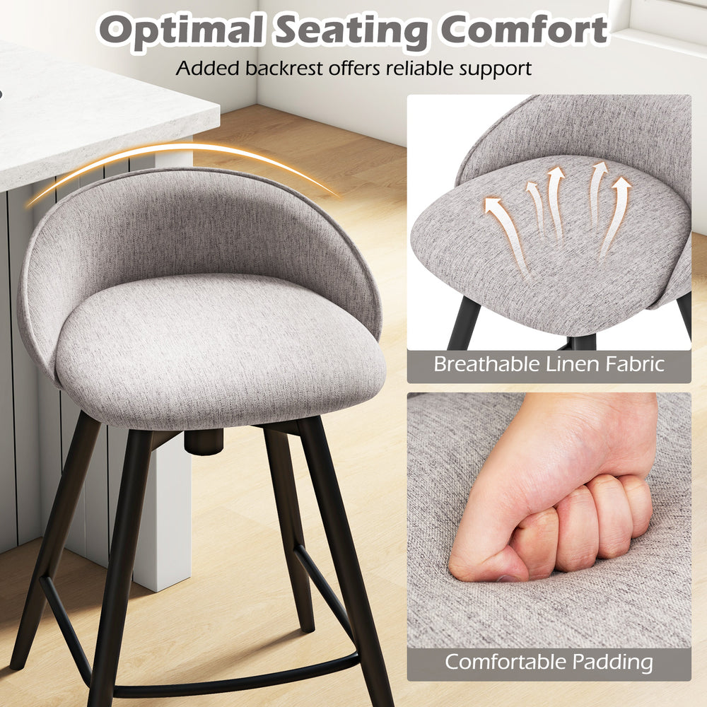 Upholstered bar stool with backrest in gray, featuring breathable linen fabric and comfortable padding for kitchen use.