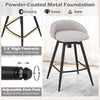 Gray upholstered bar stool with backrest, powder-coated metal foundation, and 7.5" footrest for kitchen or cafe use.