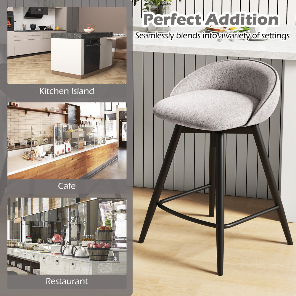 Upholstered gray bar stool with backrest and footrest, ideal for kitchen islands, cafes, and restaurants.
