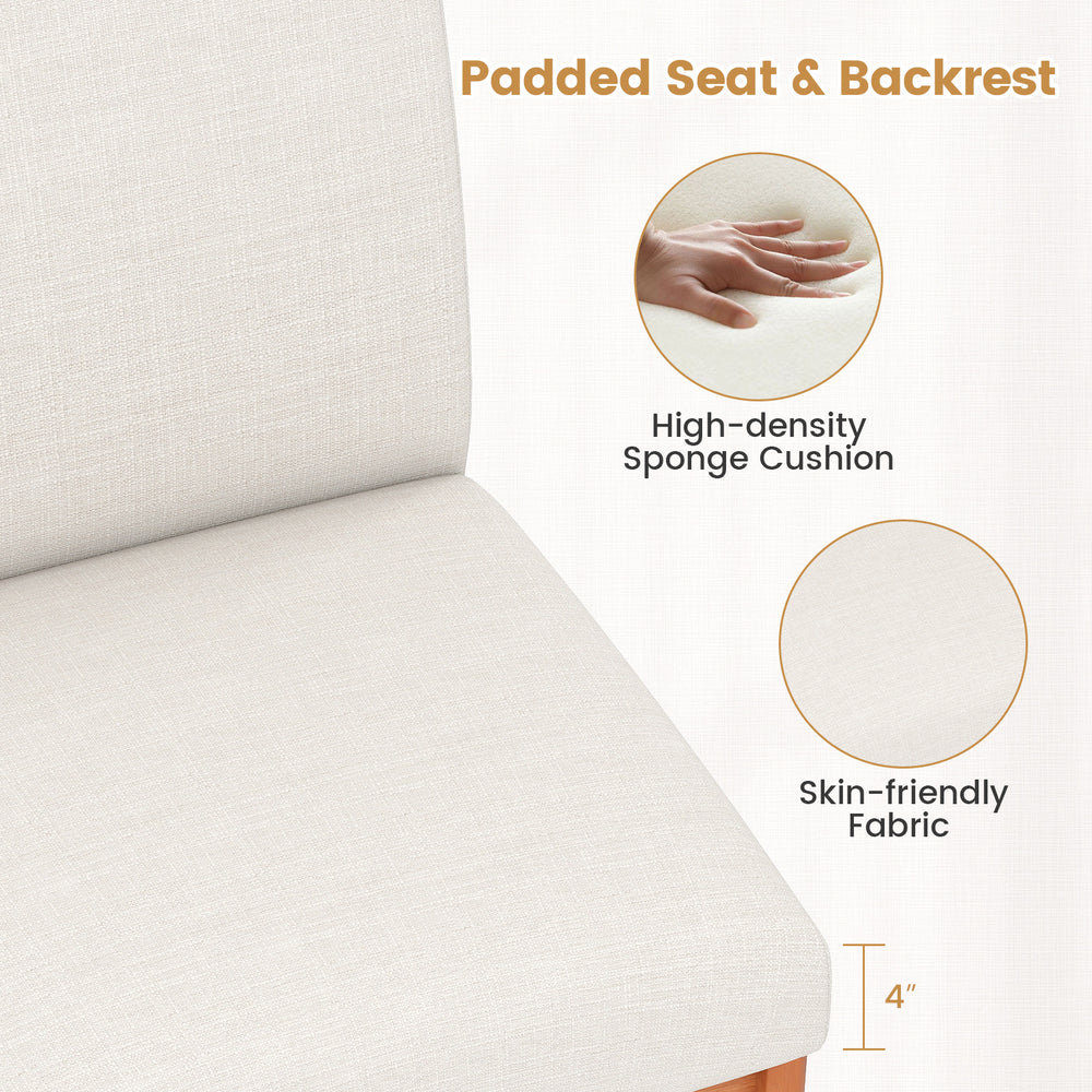 Beige upholstered dining chair with padded seat and backrest, featuring rubber wood legs for durability and comfort.