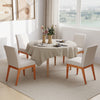 Beige upholstered dining chairs with rubber wood legs, featuring a curved backrest for comfort in a dining setting.