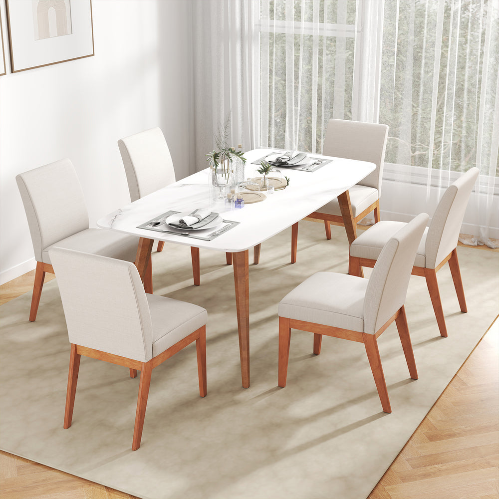 Upholstered dining chair in beige with a soft padded seat and curved backrest, showcasing durable rubber wood legs.