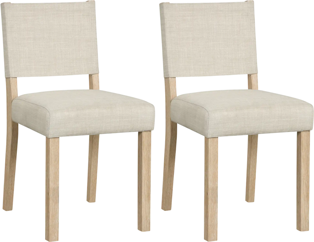 Set of 2 upholstered dining chairs in beige with solid rubber wood legs, offering comfort and rustic style for dining spaces.