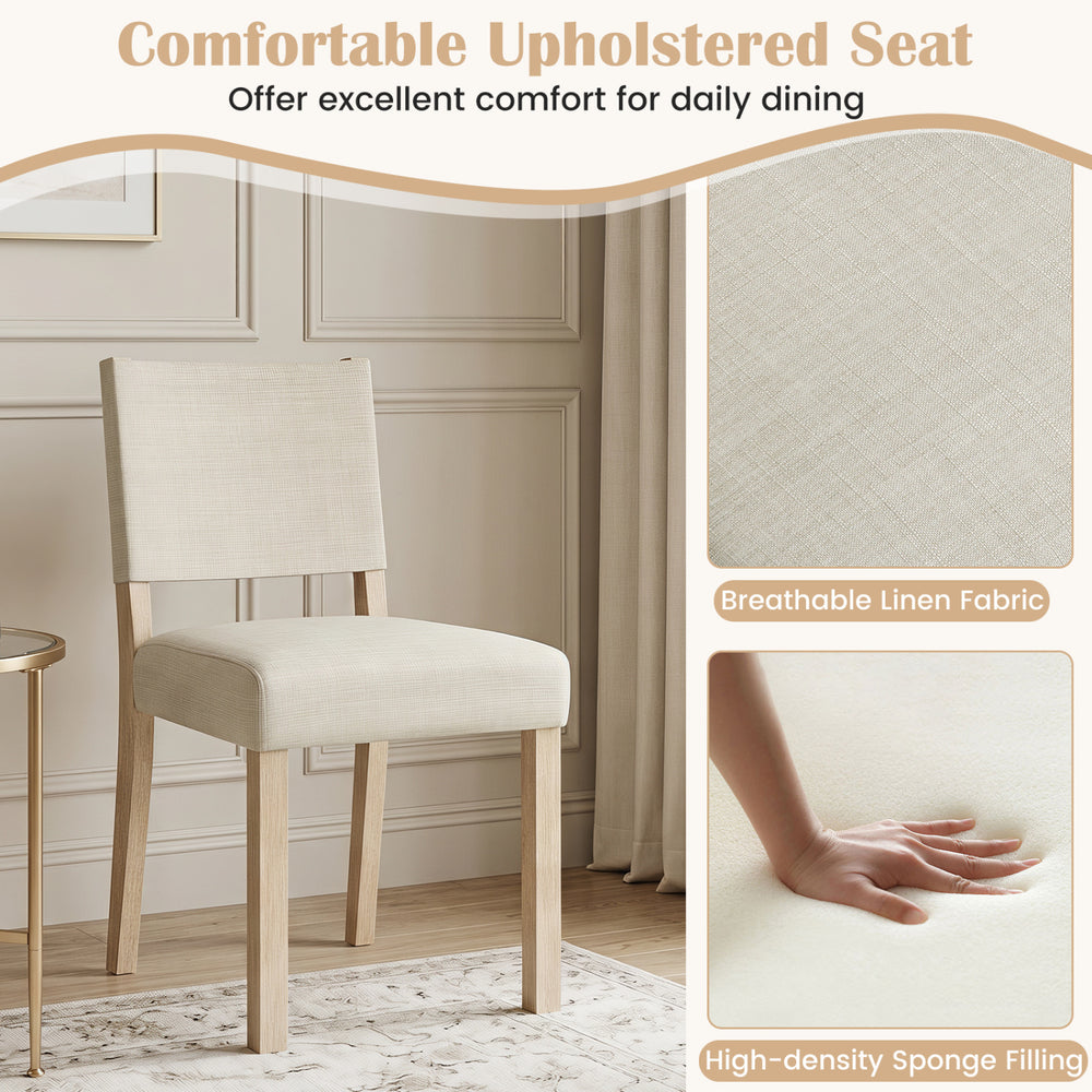 Upholstered dining chair in beige with solid rubber wood legs, featuring a breathable linen fabric and ergonomic backrest.