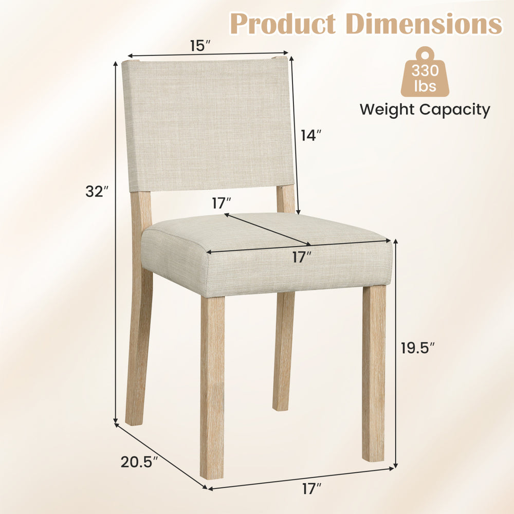Upholstered dining chair with solid rubber wood legs, beige fabric, and ergonomic backrest for comfortable dining.
