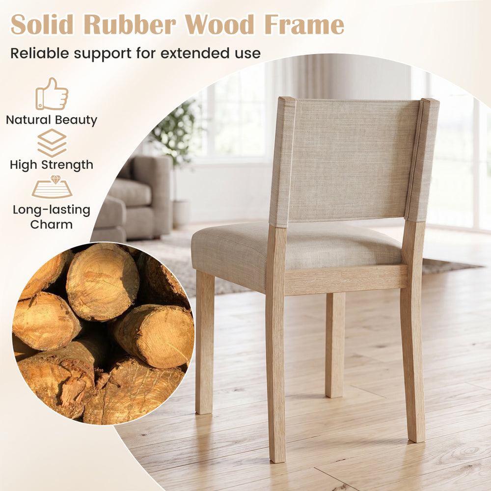 Upholstered dining chair with solid rubber wood legs in beige, featuring a comfortable padded seat and ergonomic backrest.