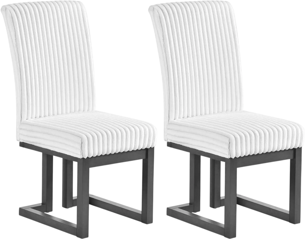 Set of 2 white upholstered dining chairs with rubber wood legs and padded seats for stylish dining room comfort.