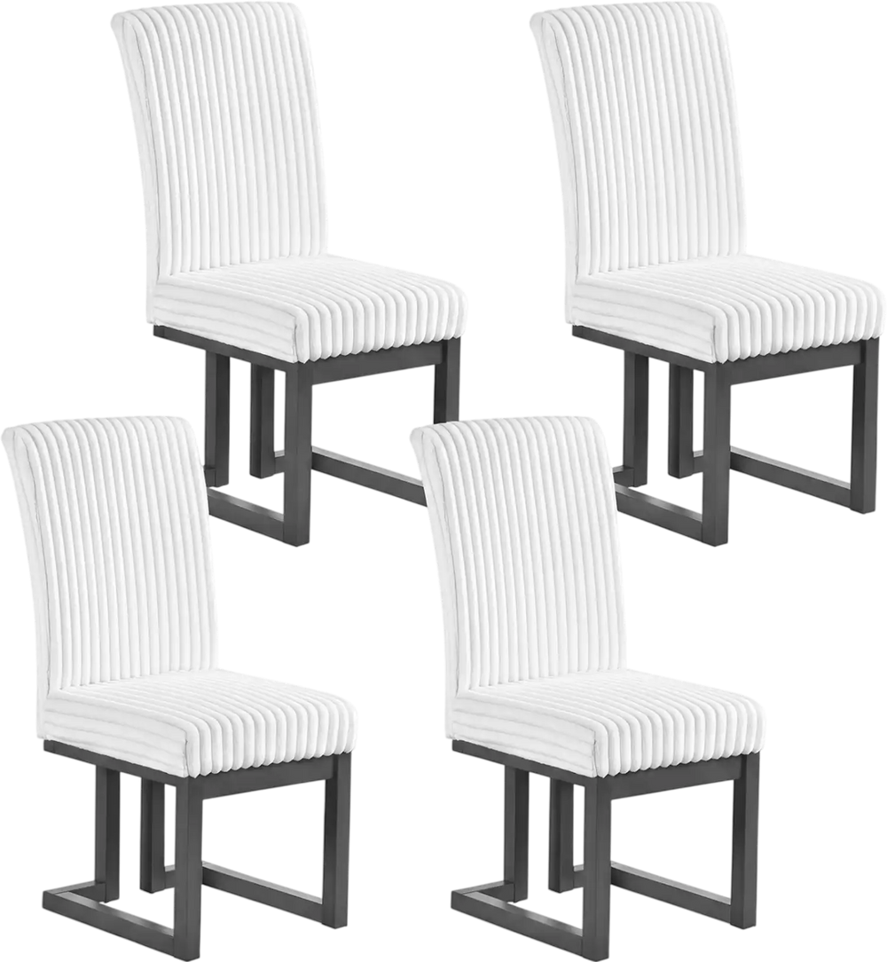 Set of 4 white upholstered dining chairs with rubber wood legs, featuring padded seats and channel tufted design for comfort.