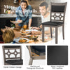 Upholstered dining chair with stylish patterned backrest, gray PVC leather, and solid wood frame for dining room use.