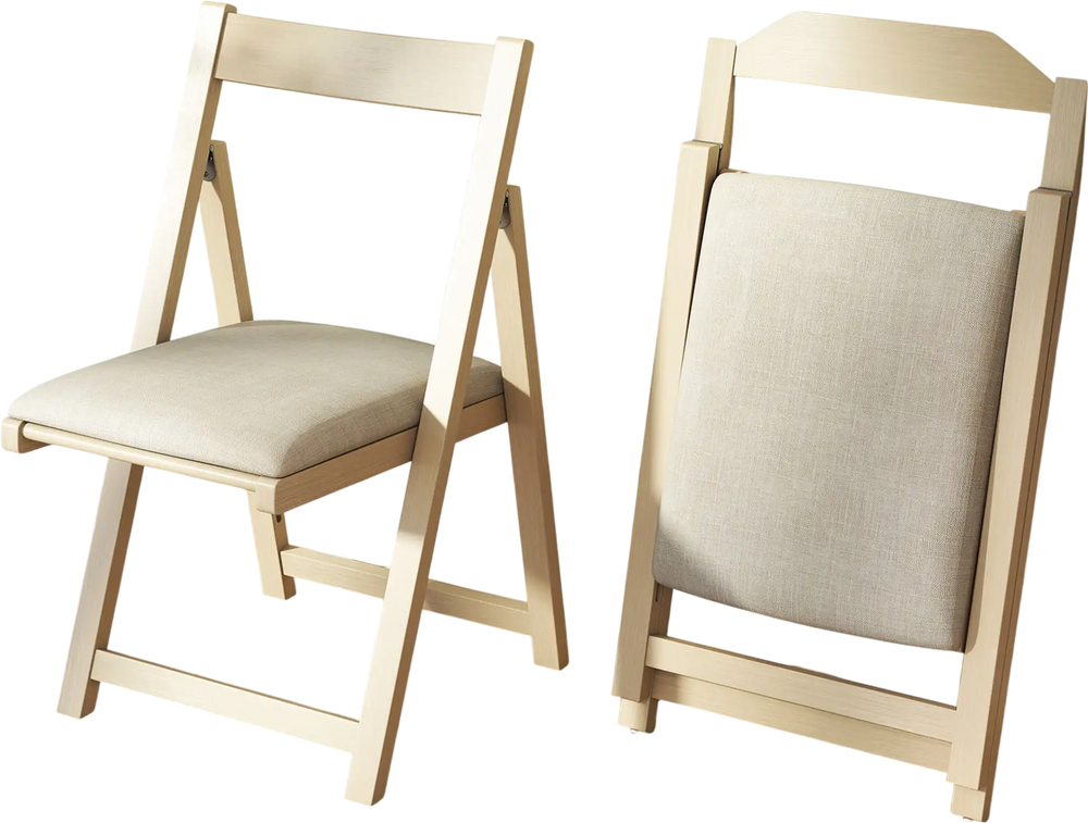 Folding upholstered dining chair with curved backrest in beige, featuring soft cushions and compact storage design.