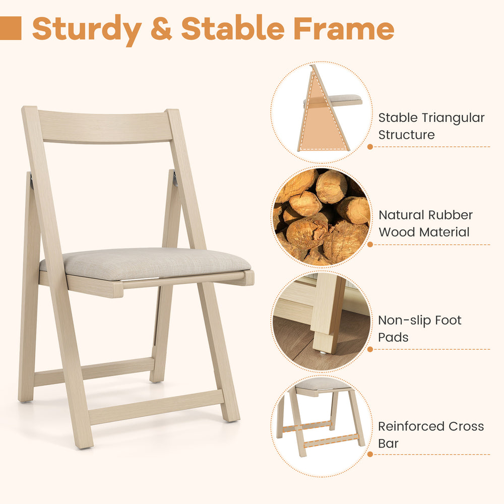Folding upholstered dining chair with curved backrest in beige, featuring a sturdy rubber wood frame and soft sponge.