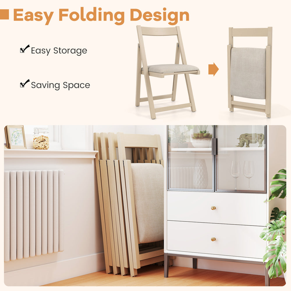 Folding upholstered dining chair set of 4 in beige with curved backrests for comfort and easy storage in tight spaces.