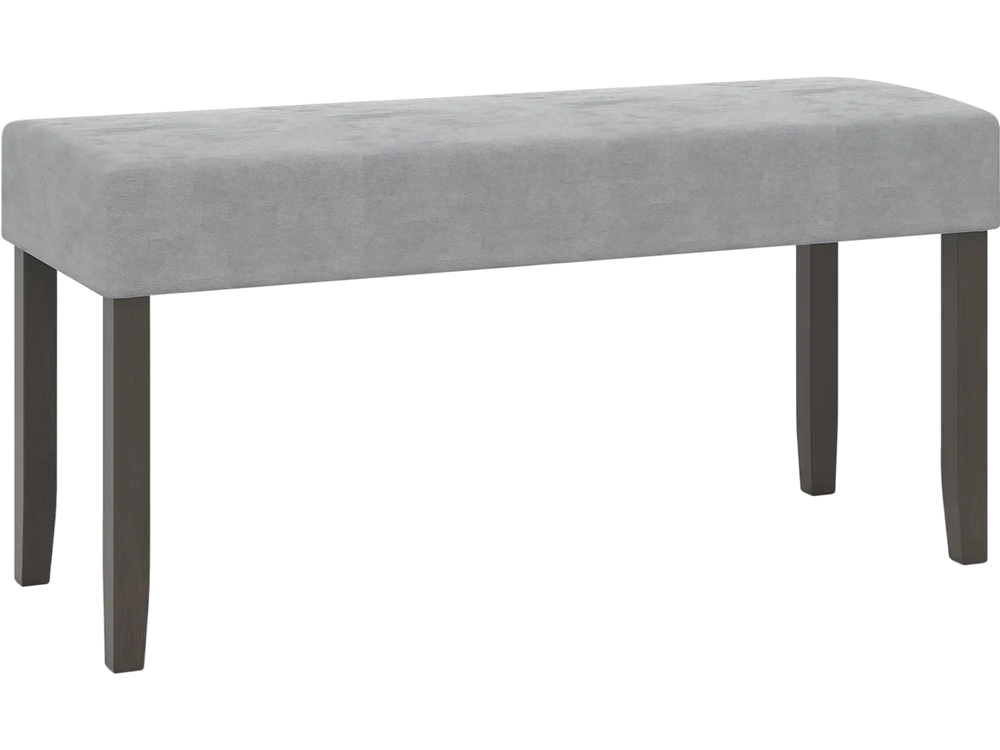 Upholstered gray entryway bench with padded seat and solid rubber wood legs, perfect for bedroom or living room use.