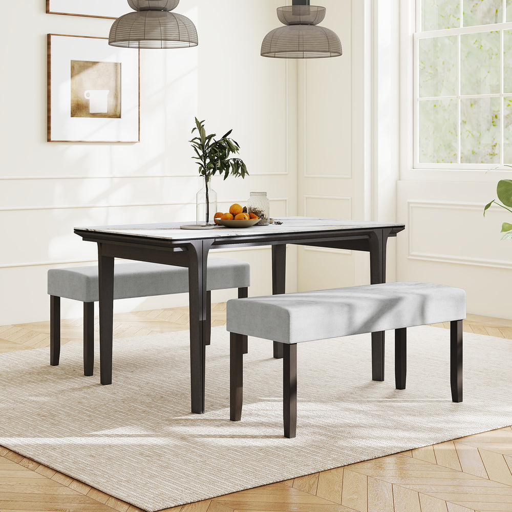Elegant gray upholstered entryway bench featuring a padded seat and solid rubber wood legs, ideal for stylish storage.
