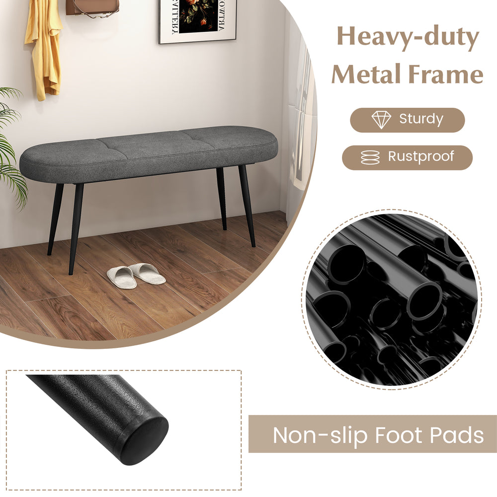 Upholstered gray entryway bench with heavy-duty metal frame and non-slip foot pads, perfect for two-person seating.