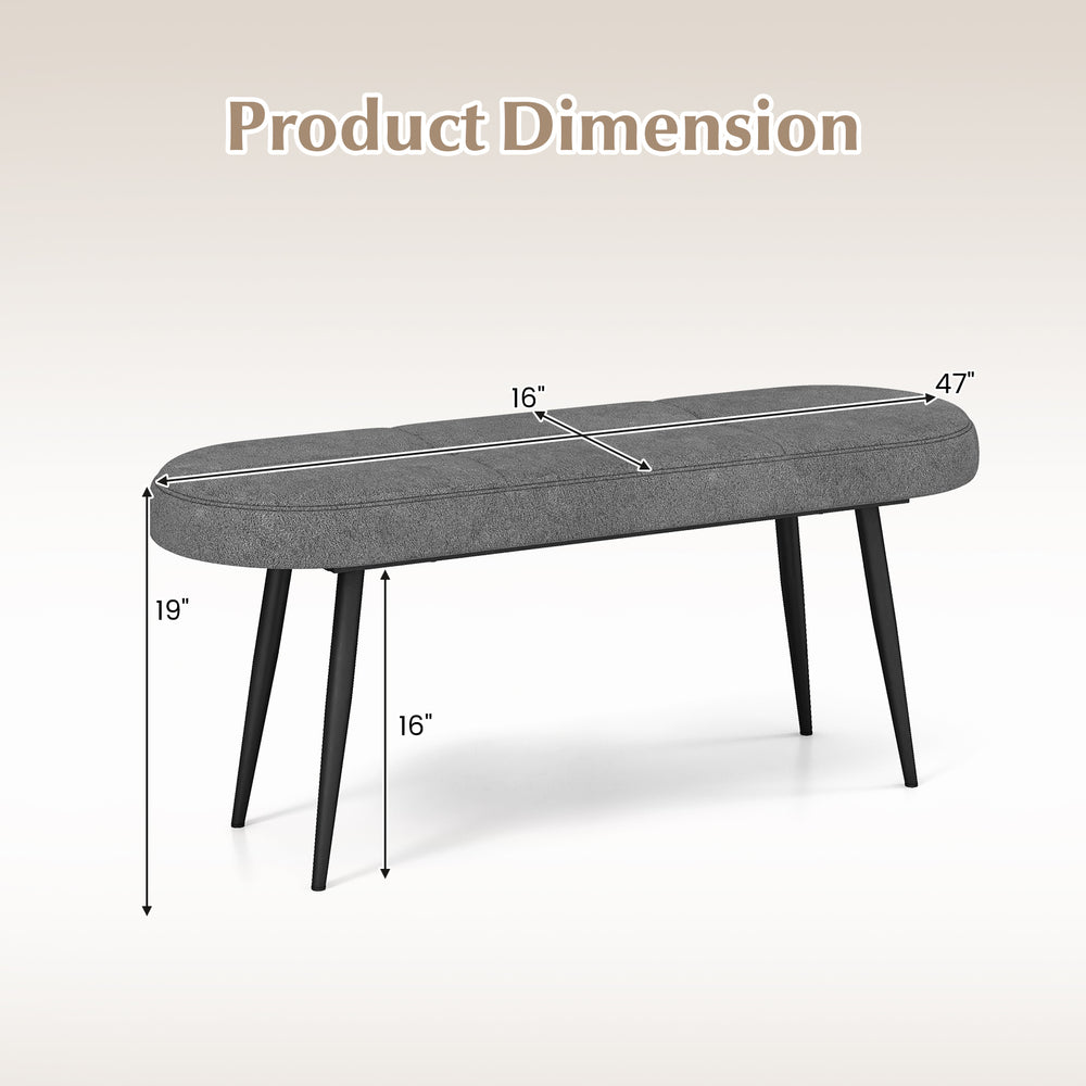 Dimensions of the 47-inch upholstered entryway bench with a gray furry fabric and sturdy metal frame for versatile use.