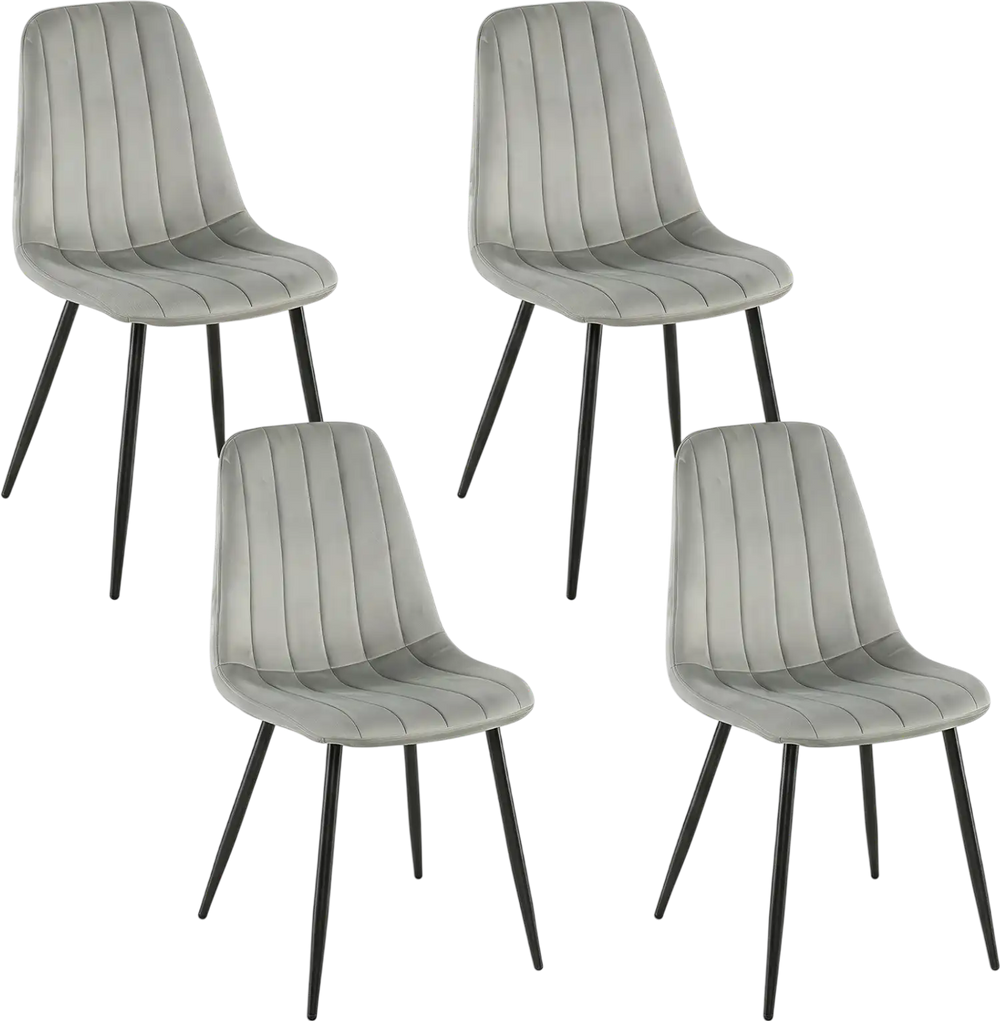 Set of 4 gray upholstered dining chairs with sturdy metal legs and curved backrest, ideal for dining rooms and kitchens.