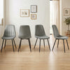 Set of 4 gray upholstered dining chairs with sturdy metal legs and curved backrests, ideal for dining rooms and kitchens.
