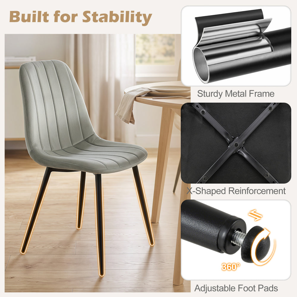 Gray upholstered dining chair with sturdy metal legs, ergonomic design, and adjustable foot pads for stability.