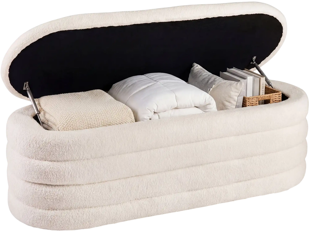 Upholstered fabric storage ottoman bench in white with lift-top lid, 29-gallon capacity, ideal for bedroom or entryway.