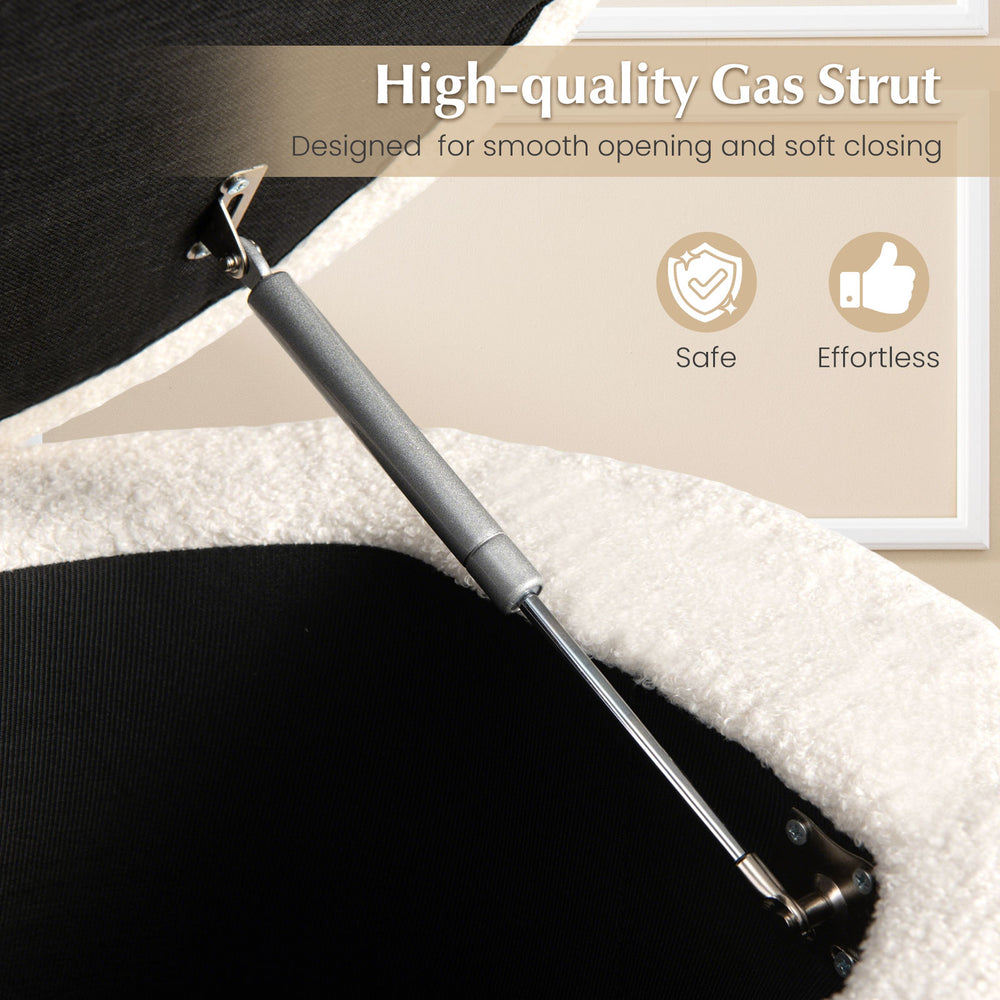 Close-up of the gas strut mechanism for the upholstered fabric storage ottoman bench, ensuring smooth and safe.