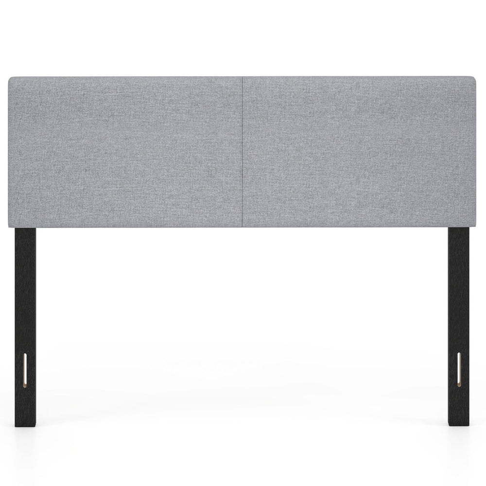 Gray upholstered headboard for queen/full size bed, featuring vertical quilted linen fabric and sturdy plywood legs.