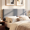 Gray upholstered headboard with vertical quilted linen fabric, designed for queen/full size beds, enhancing bedroom.