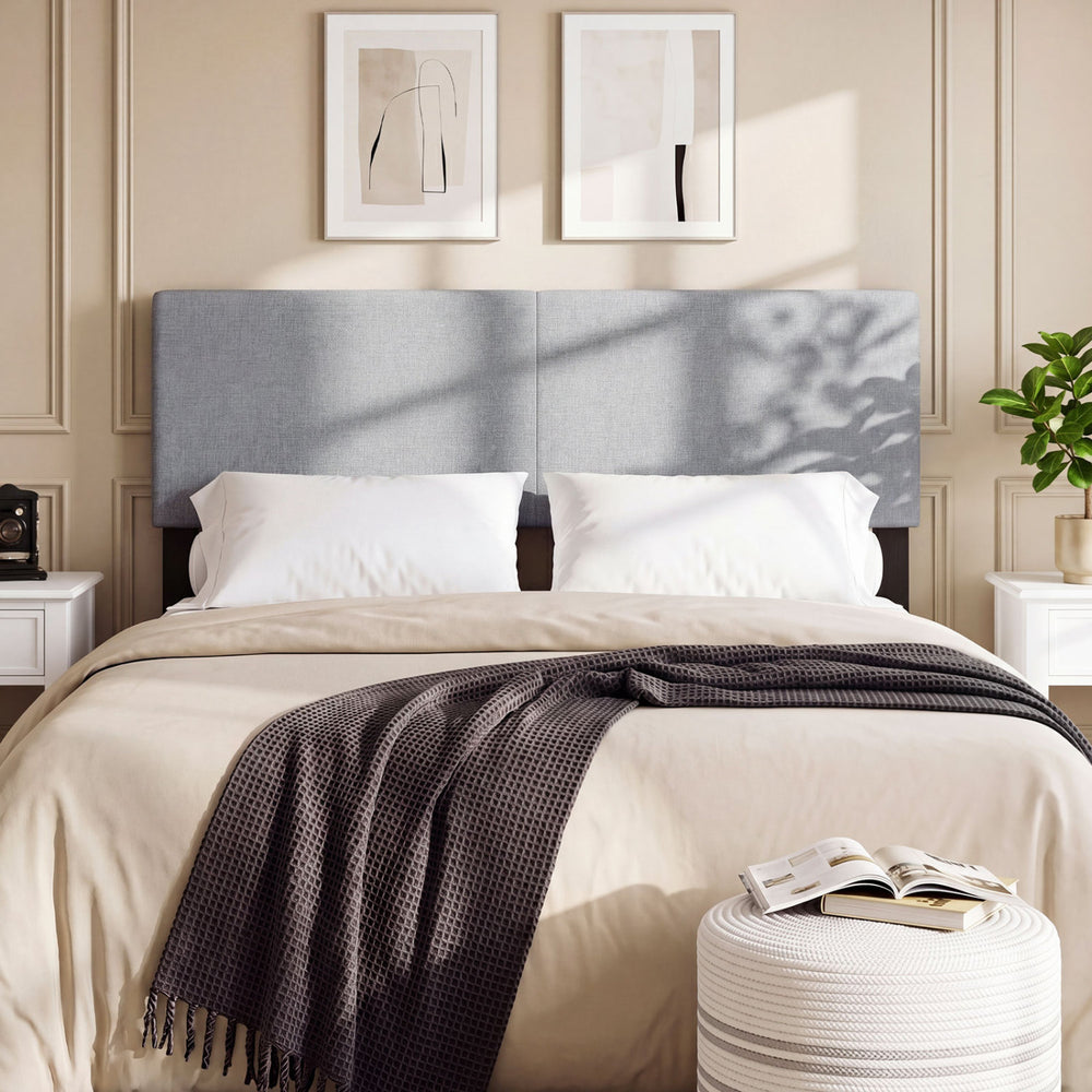 Upholstered gray headboard for queen/full size bed, featuring vertical quilted linen fabric and soft sponge cushioning.