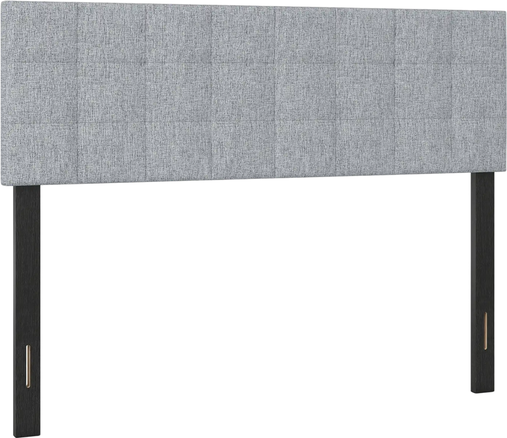 Quilted gray upholstered headboard for queen/full size beds with sturdy plywood legs and adjustable width options.