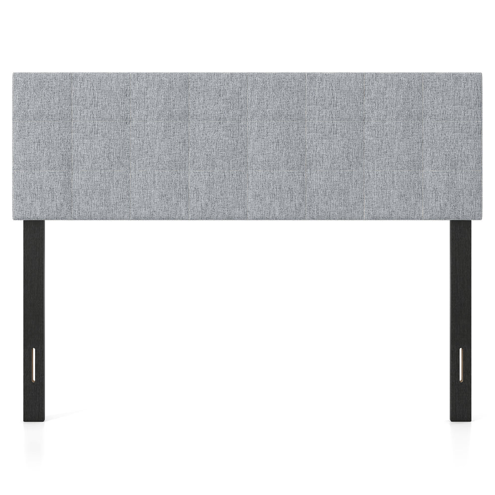 Gray upholstered headboard with quilted grid design, adjustable for queen/full size beds, featuring sturdy plywood legs.
