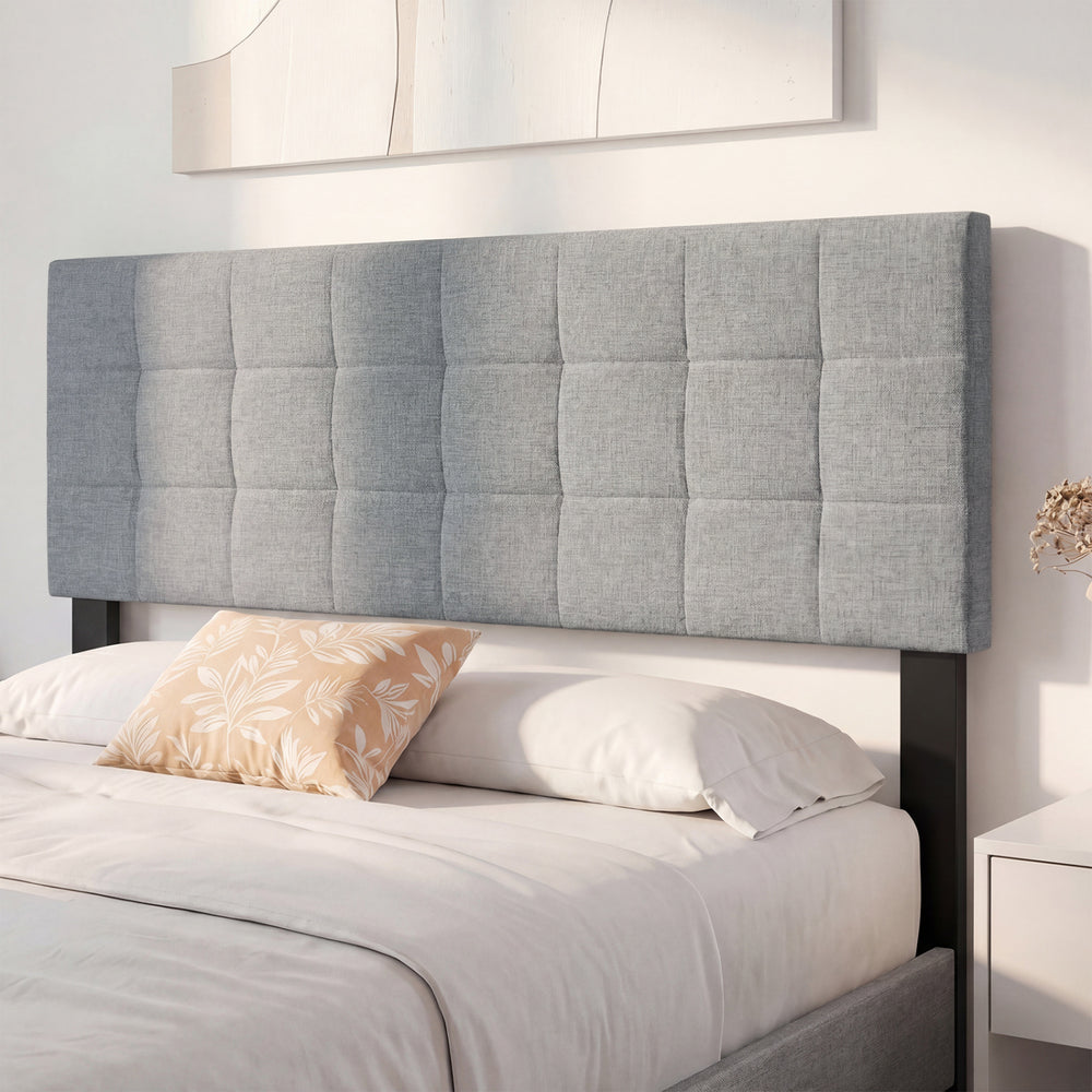 Quilted gray upholstered headboard for queen/full size bed, featuring breathable linen fabric and soft sponge.