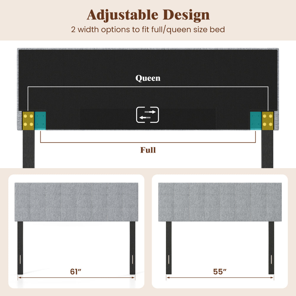 Adjustable gray upholstered headboard for full/queen size bed, featuring quilted grid design and sturdy plywood legs.
