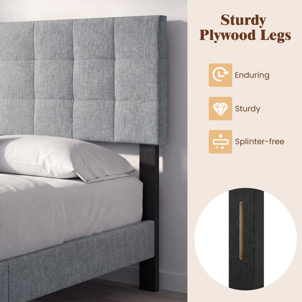 Quilted gray upholstered headboard with sturdy plywood legs, designed for queen/full size beds, offering comfort and.