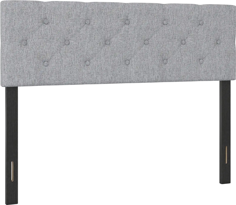 Tufted gray upholstered headboard for queen/full size bed, featuring solid plywood legs and adjustable width options.