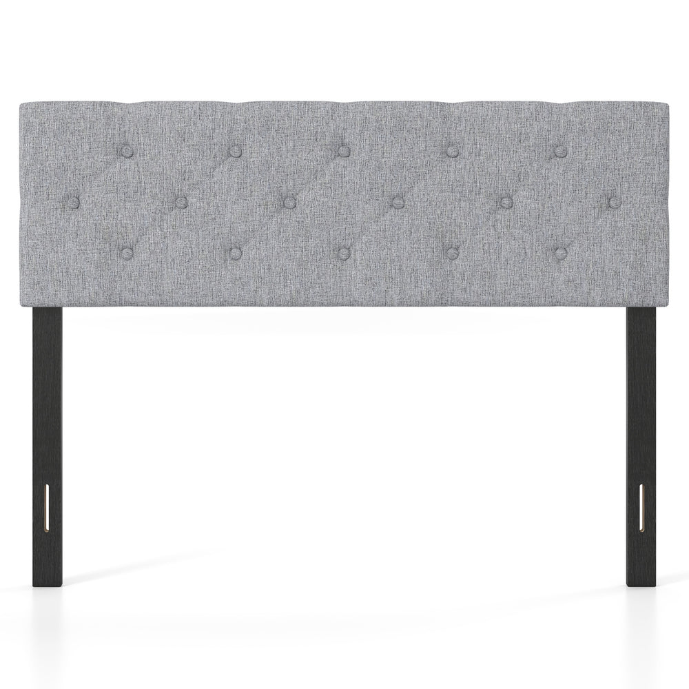 Tufted gray upholstered headboard for queen/full size bed with solid plywood legs, featuring adjustable width options.