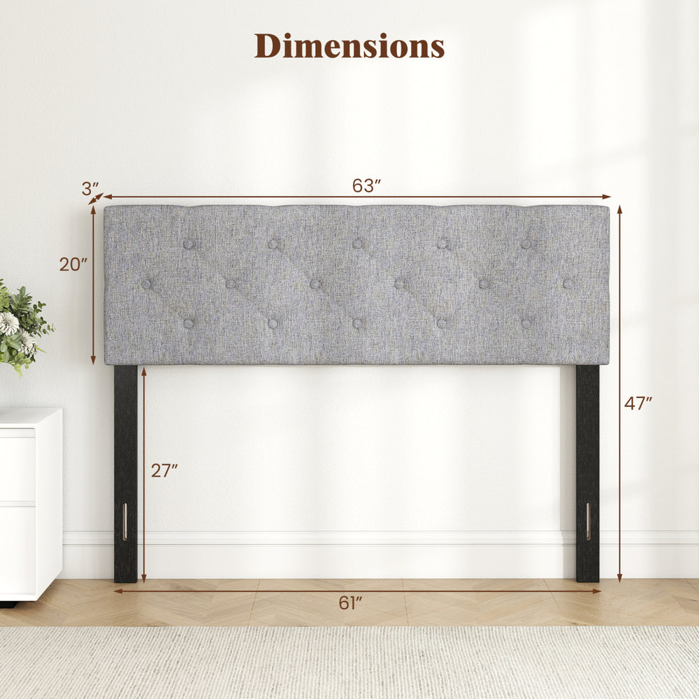 Tufted gray upholstered headboard for queen/full size bed, featuring adjustable width and solid plywood legs.