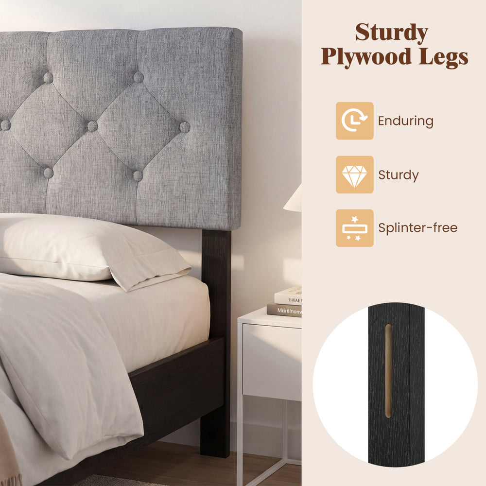 Tufted gray upholstered headboard with sturdy plywood legs, designed for queen/full size beds, offering comfort and.