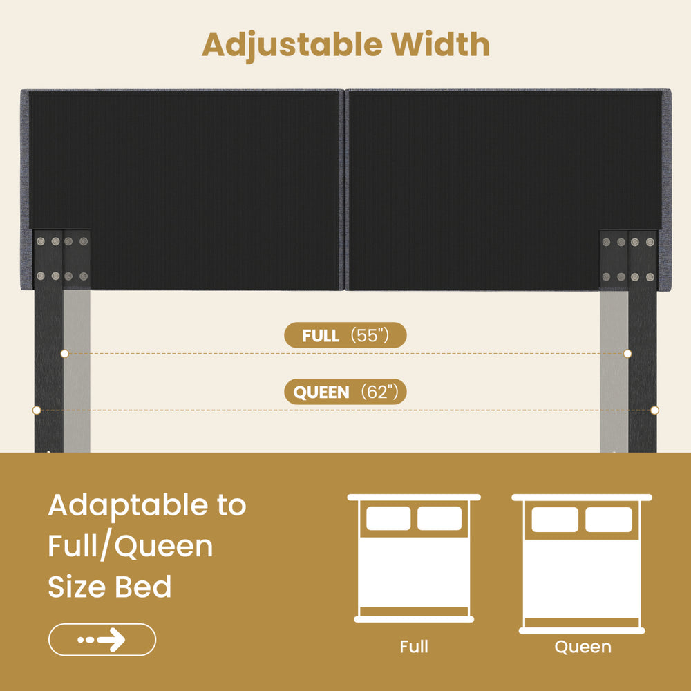 Upholstered headboard with adjustable width from 55" to 62", featuring breathable linen upholstery for full/queen beds.
