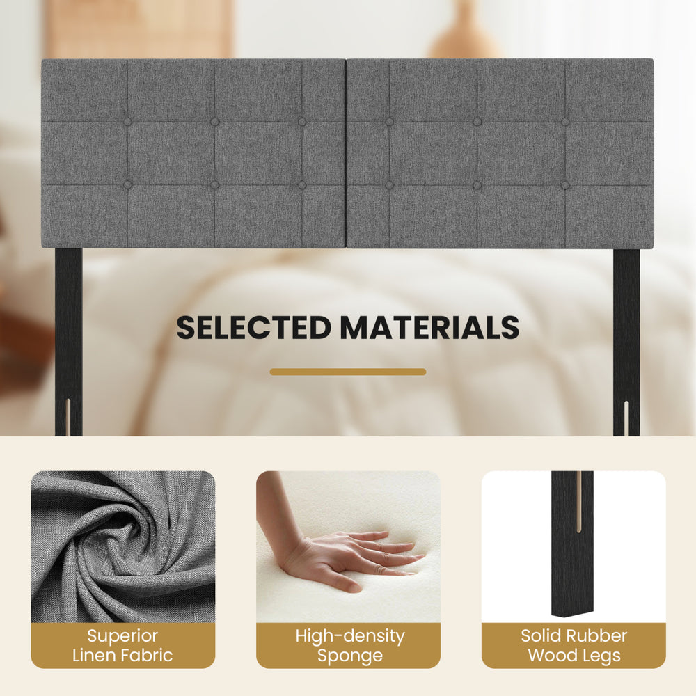 Upholstered headboard with adjustable width, featuring breathable linen fabric and solid rubber wood legs for stability.
